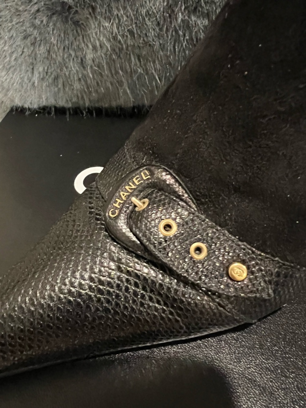 CHANEL Black Suede & Lizard Skin Cap Toed with Kitten Heels - Picture 2 of 10